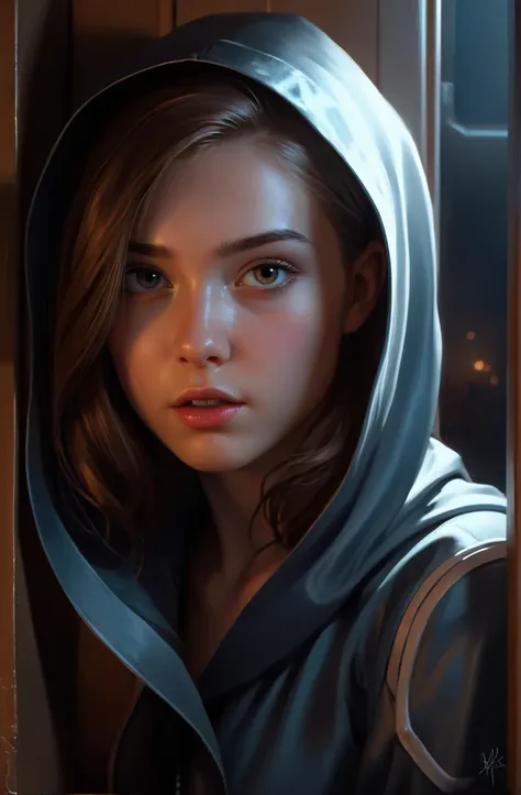 shy and embrassed young woman, peeking,  dark lighting atmosphere, detailed portraits, nostalgic atmosphere, scifi, digital painting, artstation, concept art, smooth, sharp foccus ilustration, Artstation HQ