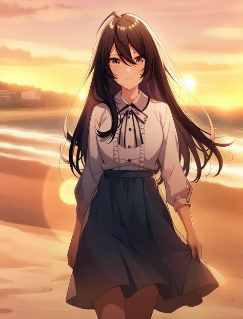 1girl,houjo chihaya,dress shirt,shirt tucked in,high-waist skirt,ribbon,bowtie,center frills,4buttons,looking at viewer,outdoors,sunset,floating hair,sky,beach,cloud,lens flare,water,blurry,blush,horizon,scenery,river,sunlight,masterpiece,solo,best quality...