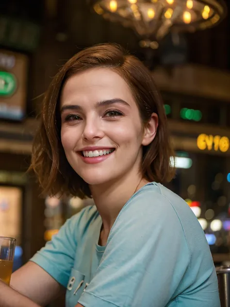 z0ey,medium length hair,smile,sitting in a bar,(looking at viewer:1.2),(close-up:1.2),t-shirt,cloudy,volumetric fog,city street,(masterpiece:1.0), (best quality:1.0), (intricate details), flash photography