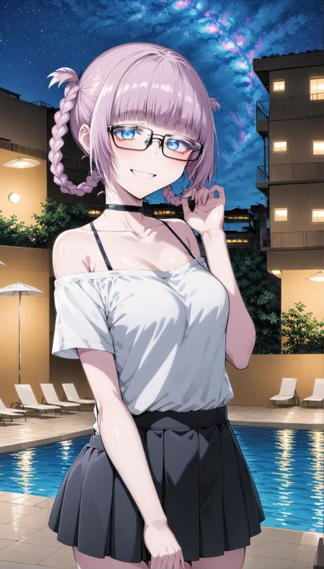 nanakusa_nazuna_xl, nanakusa nazuna (yofukashi no uta), anime girl with glasses standing in front of a pool at night, star (sky), starry sky, 1girl, night sky, blunt bangs, poolside, braid, off shoulder, hair rings, glasses, pool, cityscape, night, bangs, ...