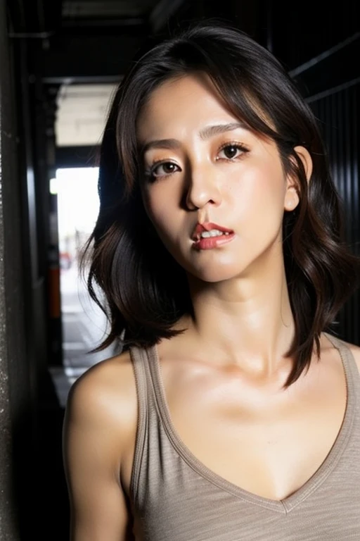 Best quality,masterpiece,ultra high res,(photorealistic:1.2),1girl,in the dark,deep shadow,low key,slim body,undone hair,taipei street alley,dynamic pose,face closeup,(cleavage:0.3),medium breasts,<lora:amanda_chou:0.9>,brown hair,