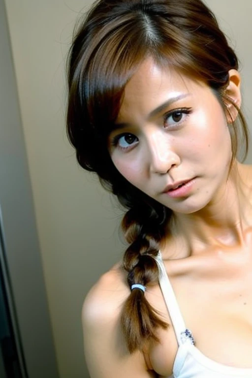 Best quality,masterpiece,ultra high res,(photorealistic:1.2),1girl,low key,slim body,taipei street alley,dynamic pose,face closeup,brown hair,small breasts,(cleavage:0.1),<lora:patty_wu:0.9>,twin braids,