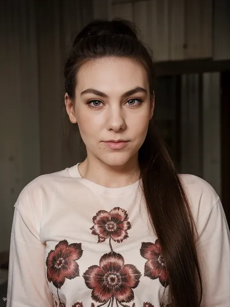 elizeryd, a woman, headshot, portrait, close up, simple tshirt, flower print-shirt, long sleeves, ponytail, ponytail hair,