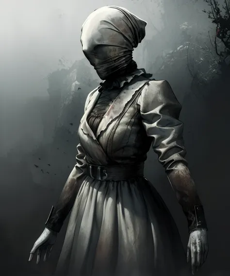 sally,head wrap, pale skin, 
white dress,long sleeves,belt,dirty clothes,
 floating , in air,  
abandoned,  horror (theme),  
(insanely detailed, masterpiece, best quality),solo,<lora:TheNurseSally:0.9>,