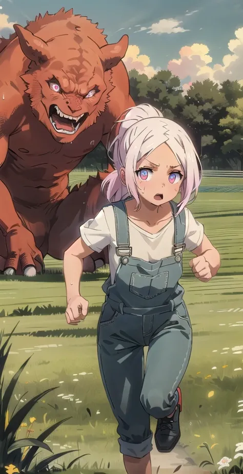 HibanaV2, 1girl, solo, looking at viewer, overalls, panicking, sweat, ponytail, running, grass field, ((giant monster in background)), perfect quality, good quality, masterpiece, HDR, UHD <lora:Hibana V2-000003:0.7>