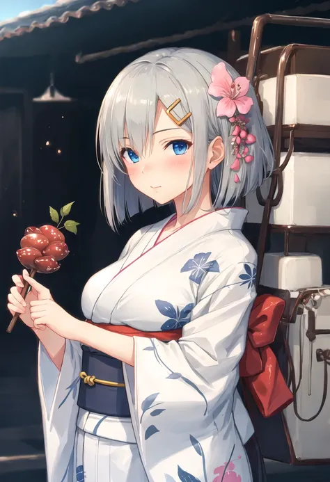 best quality, masterpiece, highres, solo, {hamakaze_kantaicollection:0.90}, 1girl, yukata, looking_at_viewer, hair_flower, obi, food, blush, squid