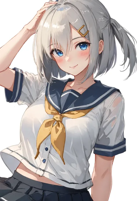 best quality, masterpiece, highres, solo, {hamakaze_kantaicollection:0.90}, 1girl, looking_at_viewer, serafuku, simple_background, upper_body, white_background, sailor_collar, yellow_neckerchief, blush, short_sleeves, smile