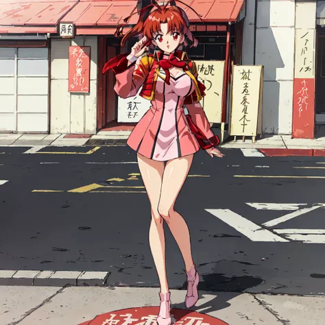 <lora:Mikoto_Utsugi-10:1>outdoor,street,Masterpeace,high quality, Mikoto_Utsugi, 1girl, solo,short hair, red eyes, long sleeves, red hair, uniform, antenna hair, cropped jacket, large breasts, standing, full body, raise one hand