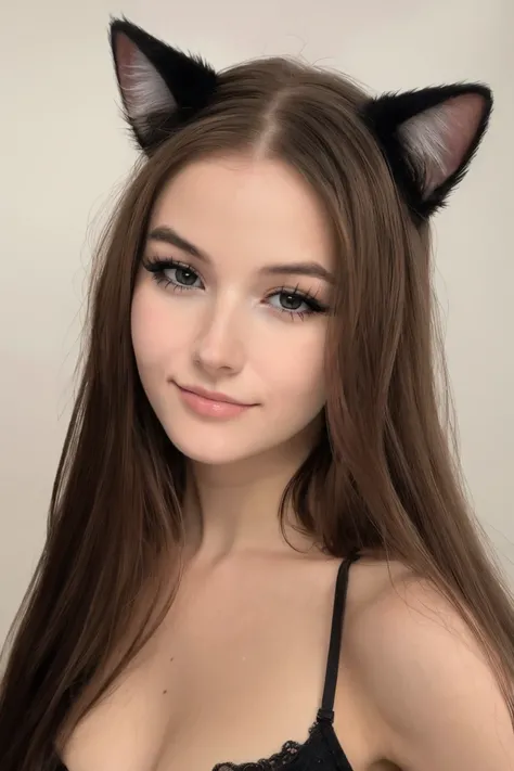 4k, 8k, ultra highres, raw photo in hdr, sharp focus, intricate texture, detailed skin,skin imperfections, realistic, detailed facial features, highly detailed face, posing,perfect lighting,long hair,makeup,close-up,face only,fake cat ears,smile,black hair...