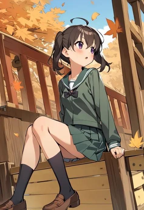 1girl, kuraue hinata, solo, school uniform, purple eyes, twintails, sitting, black legwear, black hair, serafuku, loafers, brown footwear, open mouth, long sleeves, green skirt, pleated skirt, ahoge, kneehighs, outdoors, :o, blush, bowtie, green shirt, soc...