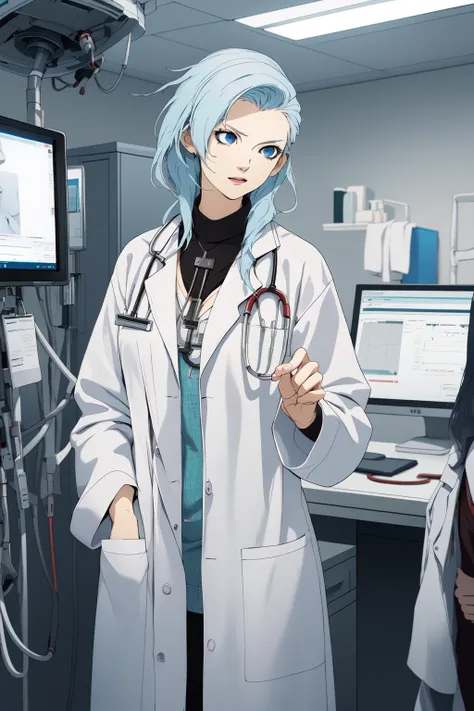 (RAW photo, best quality),  masterpiece, serious, natural lighting, 1girl, 
labcoat, doctors coat, hospital operating room,  surgical light, stethoscope
 <lora:naomi_kimishima_v1_2-000008:1>, naomi_kimishima, cross arms,