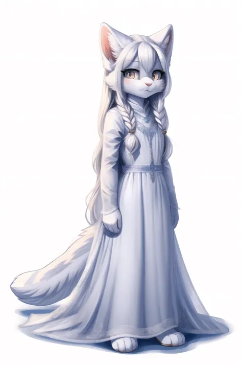 masterpiece, best quality, highres, highly detailed, <lora:arctic cat girl-000009:1> arctic cat girl, white hair, very long hair , white_dress, white background,  simple background