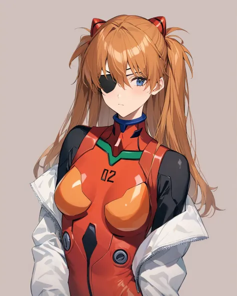 best quality, masterpiece,  <lora:souryuuv2:1>,bodysuit, evangelion:_3.0_you_can_(not)_redo, eyepatch, white_background, looking_away, 1girl, rebuild_of_evangelion, hair_ornament, red_bodysuit, solo, closed_mouth, neon_genesis_evangelion, souryuu_asuka_lan...