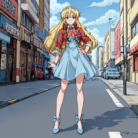 <lora:GaoGaiGar-10:1>outdoor,street,Masterpeace,high quality,  GaoGaiGar, 1girl, solo, long hair, blue eyes, blonde hair, Lightblue dress, Lightblue bow, ribbon, hairband, ascot, curly hair, shoes, red cropped jacket, standing, full body, hand on hip