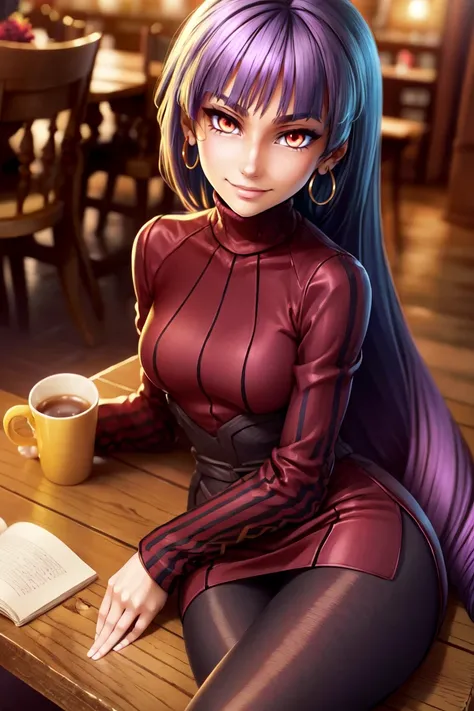 ((masterpiece, best quality)), anime style, <lora:more_details:0.5>, <lora:Sabrina_Pokemon_Anime:0.8>, Sabrina_Pokemon, purple hair, very long hair, red eyes, solo, smiling, looking at viewer, cowboy shot,,  turtleneck sweater, earrings, library, cup of co...