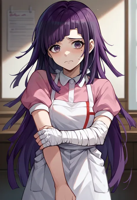 score_9, score_8_up, score_7_up, source_anime, solo, 1girl, tsumiki mikan, nervous, looking at viewer, hand on own arm, mole under eye, purple hair, pink shirt, puffy short sleeves, white apron, bandaged arm, indoors, infirmary <lora:danganronpa2_tsumiki_p...