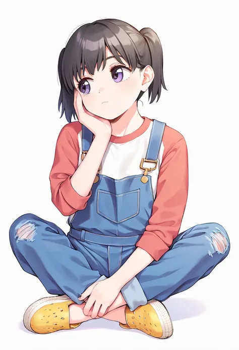 score_9, score_8_up, score_7_up, best quality, masterpiece, source_anime BREAK
1girl, kuraue hinata, solo, twintails, sitting, overalls, black hair, yellow footwear, purple eyes, long sleeves, white background, crocs, white shirt, indian style, raglan slee...