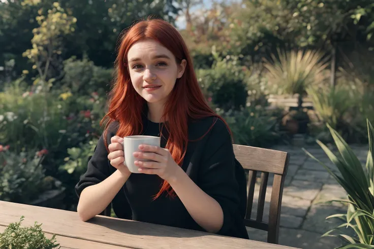 <lora:sarahz:1.3> sarahz, red hair
talking (fHandDetail:1.2)
holding a cup of warm tea, looking into the camera, sitting in a garden