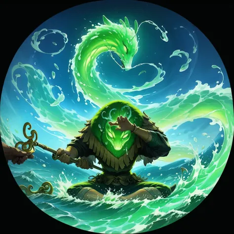 <lora:GMIC_skillv1.2-000014:0.85>,gmic_(skillicon),a painting of a person sitting on a wave with a green dragon on their back and a green dragon on their head,1boy,air bubble,beach,boat,bubble,caustics,fish,fishing,fishing rod,in water,letterboxed,lily pad...