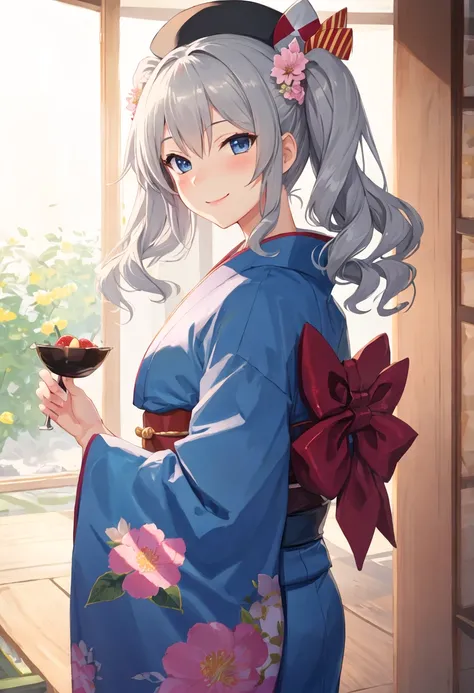 best quality, masterpiece, highres, solo, {kashima_kantaicollection:0.90}, 1girl, looking_at_viewer, smile, alternate_costume, blush, hair_flower, kimono, floral_print, obi