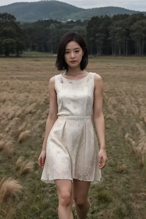 masterpiece, best quality, ultra-detailed, ultra high res, (photorealistic:1.4), raw photo, (realistic:0.2), 8k HDR, 1girl, solo, walking, (looking at viewer), realistic lighting, asymmetrical short hair, (detailed skin), (detailed face), ((grass field :1....