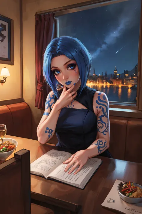 masterpiece, best quality, 1girl, solo, breasts, <lora:mayabl2-guy-v3:.9>, mayabl2, tattoo, makeup, blue lips, dress, looking at viewer, indoors, restaurant, window, night sky, depth of field, pov across table,