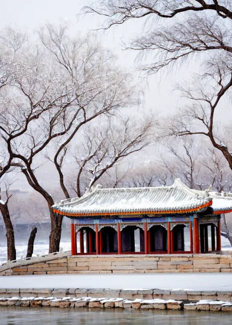 <lora:é¢åå­:1>,The Summer Palace, scenery, architecture, no humans, snow, tree, east asian architecture, outdoors, winter, building, bare tree, snowing, sky, traditional media, masterpiece, best quality,