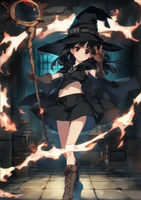 1girl, solo, black hair, brown eyes, harpin, witch hat, tunic, navel, emotionless, holding staff, casting spell, fire, gloves, bare legs, boots, indoors, dungeon, close-up <lora:Hiroyama Hiroshi:1>, score_9, score_8_up, score_7_up, score_6_up, score_5_up, ...