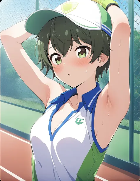 1girl,<lora:batogasubaru:0.8>,batogasubaru,tennis_uniform,stand,hands_on_headwear,armpit,close up,
ultra resolution image,
masterpiece,best quality,