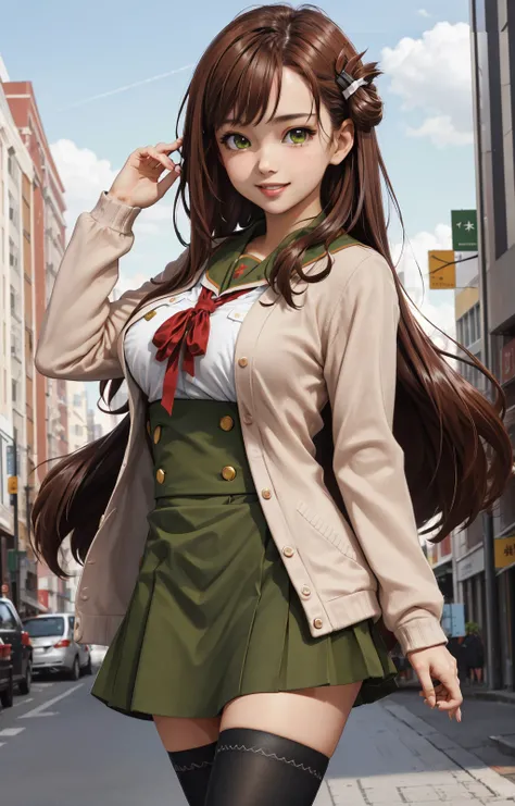 (masterpiece, best quality:1.2), full body, 1girl, solo, yuri_wakasa, <lora:wakasayuri7:0.8>, smile, laugh, brown hair, green eyes, tareme, long hair, hair ornament, cardigan, (large breasts:1.2), black thighhighs, (looking at viewer:1.1), city, dynamic po...