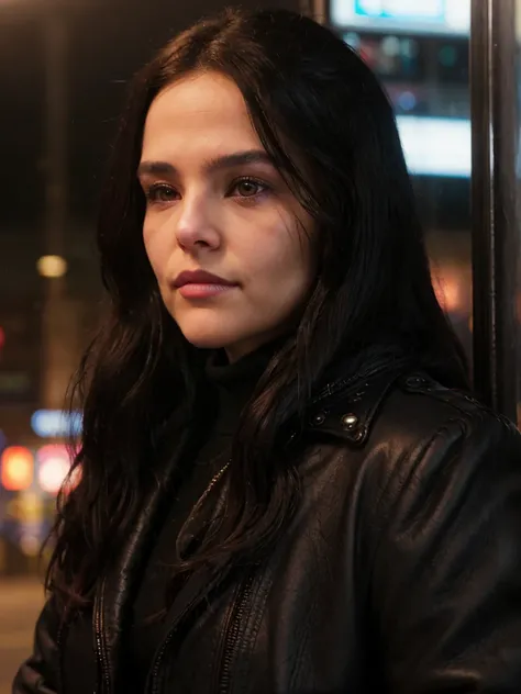 z0ey,black long hair,sitting on a train,looking at viewer,(close-up:1.2),black leather jacket,sweater,cloudy,volumetric fog,city street,(masterpiece:1.0), (best quality:1.0), (intricate details), flash photography