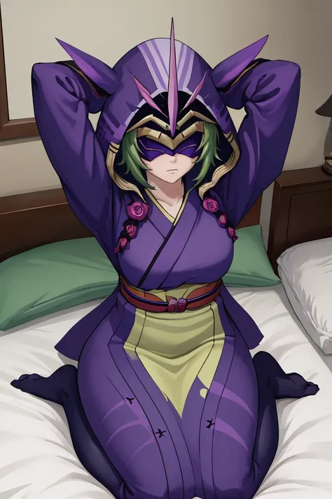 masterpiece, best quality, 1girl, solo, <lora:electrocicin-gi-richy-v1:1> electrocicin, green hair, short hair, mask, covered eyes, from above, sitting, seiza, arms behind head, bed, bedroom, purple kimono, hood