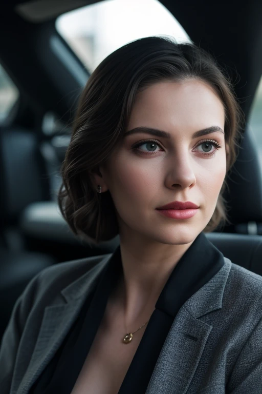 ((best quality)), ((masterpiece)), ((realistic)), portrait of Sophia, the Luxury Car Connoisseur, (elegant expression and luxury driving allure in her eyes:1.2), [captivating brown eyes], [luxury driving attire with high-end fashion and accessories], (crui...