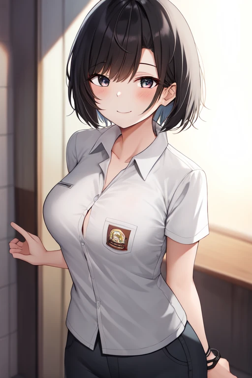 IHSU, 1girl, solo, looking at viewer, large breasts, short sleeves, blush, smile, black hair, short hair, closed mouth