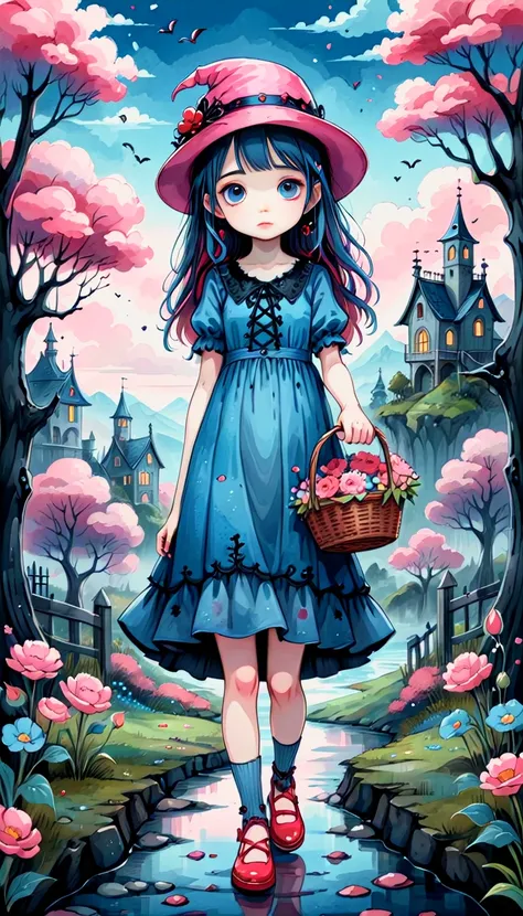 A cute girl with a basket of flowers in a blue dress, pink hat and red shoes, in the style of a Gothic illustration, whimsical landscapes, high detail, childrens storybook style, well-drawn outlines in Japanese ink, muted colors, watercolor style, children...