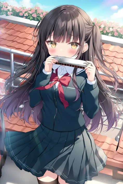 blue archive style,shikitani_asuka,ray tracing,1girl,black hair,brown eyes,long hair,bangs,medium breasts,black school uniform,standing on rooftop, harmonica,play harmonica, <lora:harmonica:1>