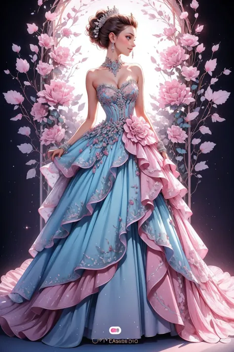 ((masterpiece,best quality,edgQuality)),(smile),1girl,solo,standing,posing,
edgTF, breasts, hair ornament, cleavage, bare shoulders, jewelry, medium breasts, full body, flower, hair flower, strapless, profile, blue dress, rose, pink dress, strapless dress,...