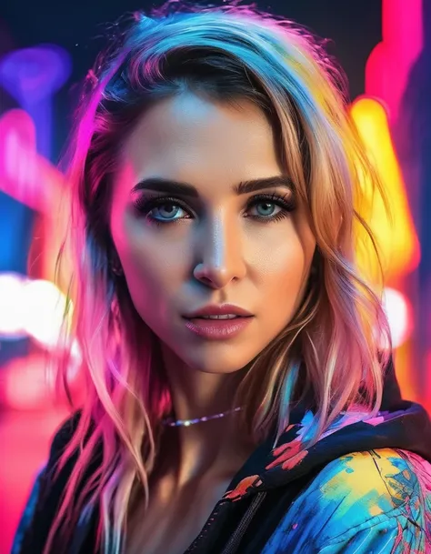 alxlnxps  woman ,  <lora:Alix Lynx:1.0>, wearing fancy street wear, neon light, centered| intricate| highly detailed| breathtaking beauty| precise lineart| vibrant| comprehensive cinematic| Carne Griffiths| Conrad Roset, 8k, oil painting, cinematic lightin...