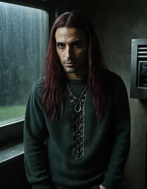 (dark gothic science fiction style:1.5) (very close shot, zoomed in face portrait:1.3) photo of a smirking, (closed mouth:1.5) bored (hipster:1.1) 35 year old (Iraqi:1.1) man with long maroon hair, dark green eyes, (eyeliner:0.9), (pores:0.5), (goosebumps:...