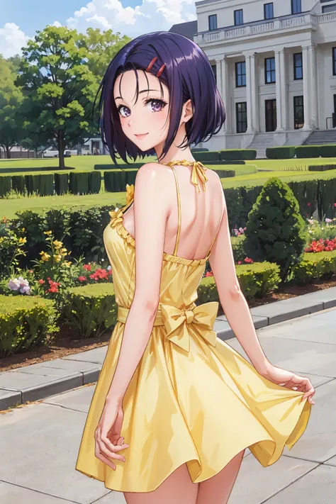 masterpiece, best quality,  <lora:tlrharuna-nvwls-v1-000009:0.9> tlrharuna, hairclip, green bowtie, yellow sundress, from behind, looking at viewer, smile <lora:edgChamYellowSundress:0.5> edgYSD,woman wearing a yellow sundress, garden