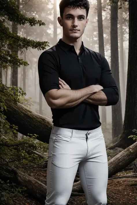 photo of person, man, male, black shirt, looking to viewer, full body, white pants, serious, on the forest, sunset, crossed arms, smirk:1.4,cinematic lighting, detailed face, detailed eyes, masterpiece, high_res, perfect face, , High detailed,<lora:EMS-293...