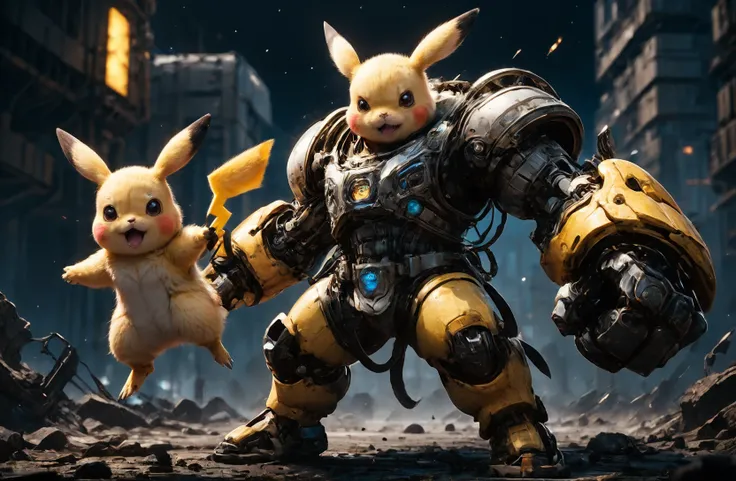 amazing quality, masterpiece, best quality, hyper detailed, ultra detailed, UHD, HDR, DOF, depth of field, sci-fi,
(Picachu:1.2), (yellow:1.2) giant mechanical arms, fighting stance, hand up,( opened mouth, extremely angry:1.2), spacecraft in background,( ...