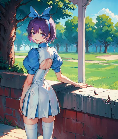 masterpiece, 1girl, solo, short hair, ribbon, purple hair, purple eyes, white dress, blue sleeves. puffy sleeves, white thighhighs, standing, outdoors, amusemet park, smile, open mouth, from behind, turning around, close-up <lora:alice rotd:1>