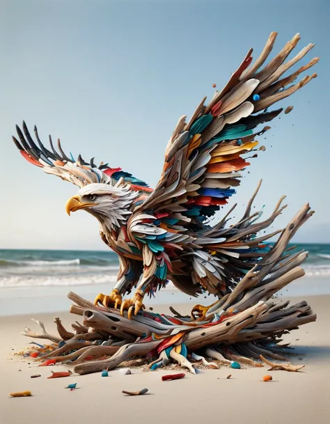 (drift wood washes up on the shore, all the tiny parts of drift wood form together to create a perfect shape of an eagle lying on the shore), abstract, 3d render, strong, insanely intricate details, (masterpiece), breathtaking natures art work <lora:ral-dr...