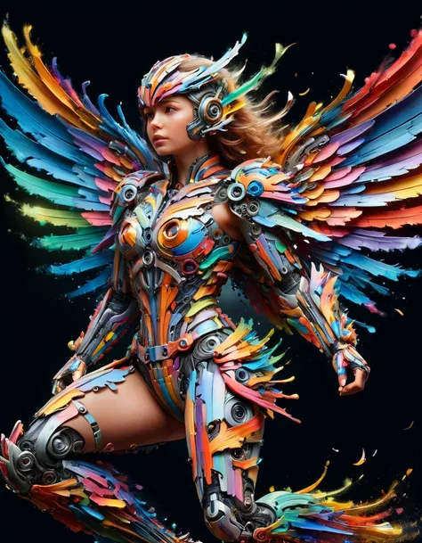 (best quality, masterpiece, colorful, dynamic angle, highest detailed)upper body photo, full body photo, fashion photography of cute mechangel, glowing 4 wings, solo, glowing armor, glowing halo, building, glowing mechanical 4 wings (intricate details, hyp...