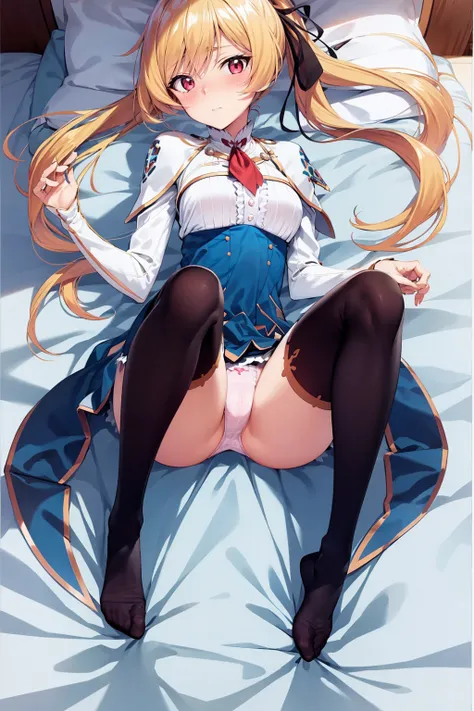 masterpiece, best quality,
1girl, lisesharte, blonde hair, ponytail, long hair, red eyes, hair ribbon,
black thighhighs, panties, womb tattoo,
blush, full body, lying on bed, on back, looking at viewer, view from above, dakimakura <lora:LisesharteAtismata:...