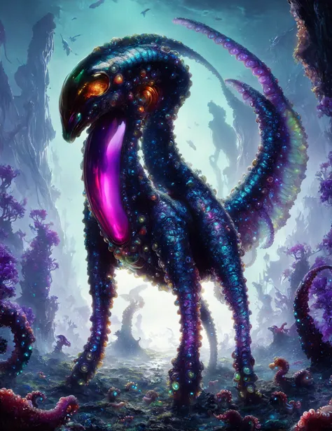 masterpiece, awesome quality, hyper detailed, DonMX3n0  medium alien nestled elegant cephalopod organism, quadrupedal armless, hoofed, multi-tailed, tufted-tailed, iridescent skin,    griffin wings,   <lora:DonMX3n0:0.7>