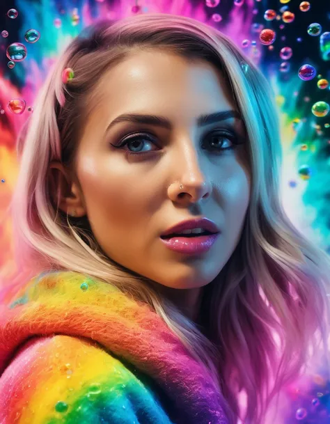 hyperrealistic painting<lora:Alix Lynx:1.0>, close, face focus, photo of ( alxlnxps  woman), snapshot aesthetic, dramatic lighting, bubble cannon explosion,  wearing a rainbow colored sweater, rainbow colored bubbles, splash, particles, dynamic background,...