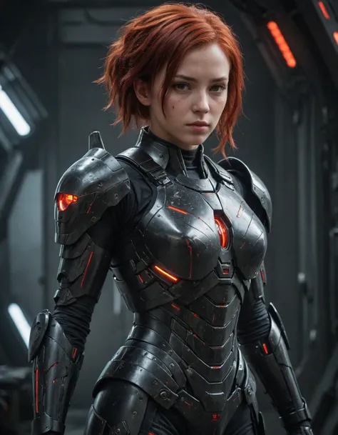 masterpiece, best quality, 1girl, sci-fi armor with black and red colors, glowing elements, redhair