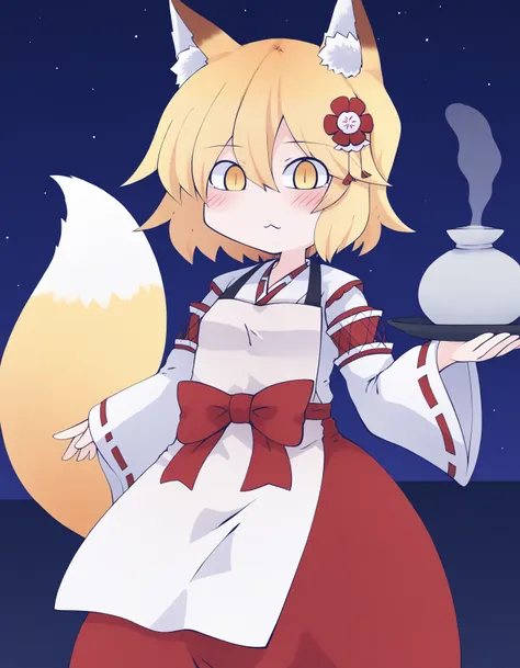 score_9, best quality, masterpiece, uncensored, source_anime
BREAK
1girl, senko, blonde hair, animal ears, fox ears, blush, animal ear fluff, hair ornament, fox girl, hair flower, hair between eyes, short hair, fox tail, tail, yellow eyes, miko, japanese c...